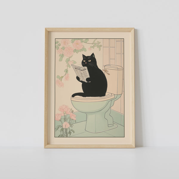 Black Cat on Toilet Print, Japanese Bathroom Wall Art, Cat Art, Japandi Art, Relaxing Poster, Japanese Wall Decor, Bathroom Decor 1868559502