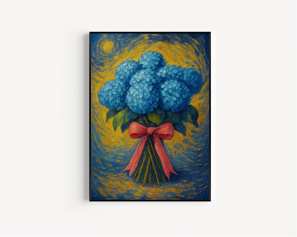 Blue Hydrangea Art, Floral Wall Print, Girly Home Decor, Bouquet Poster, Pink Bow Art, Flower Poster, Trendy Floral Decor, Pastel Flower Art
