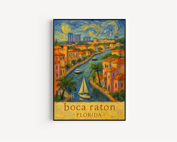 Boca Raton Florida Travel Poster, Coastal Landscape Art, Beach Town Print, Tropical Decor, Florida Boat Art, Travel Wall Art