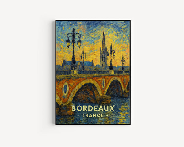 Bordeaux France Poster – Pont de Pierre, Gothic Cathedral, Romantic Cityscape, Vintage Travel Art