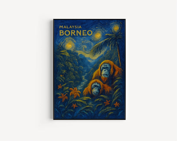 Borneo Travel Poster - Malaysia Wall Art Print, Illustration Poster, Home & Office decor, Gift idea, Orangutan Travel print, jungle print