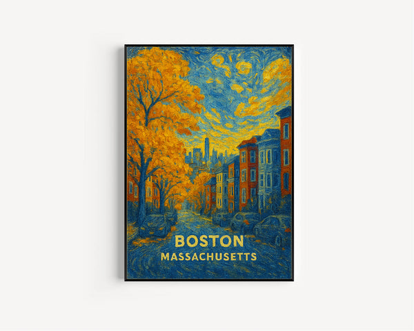 Boston Autumn Skyline Poster – Fall Foliage, Cityscape View, Vintage Travel Art Print