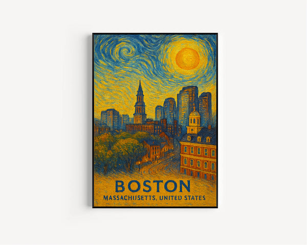 Boston Poster Print, Boston Travel Poster, Boston Van Gogh Style Wall Art, Boston, Massachusetts, United States