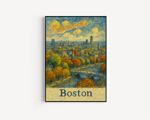 Boston,USA,Cityscape Art,Fall Canvas,Autumn Poster,City Print,Travel Art,Van Gogh Style Decor,Framed,Unframed,Boston Illustration