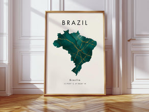 Brazil Map PRINTED Poster  Green and Gold  South America  Wall Art Print  Home Decor  Geography Map  Gift  Wallpaper 4365500753