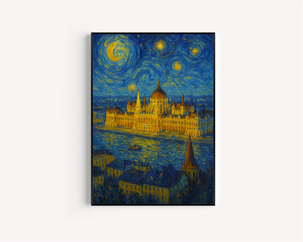 Budapest Travel Print, Budapest Poster, Unique Wallart Decor, Budapest Black and White Coordinates Home Decor, Hungary Van Gogh Style Wallart1