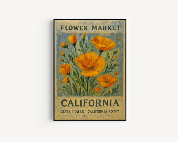 California State Flower Art Print, California Poppy 1960_s Wall Art, Neutral Pastel Botanical Artwork