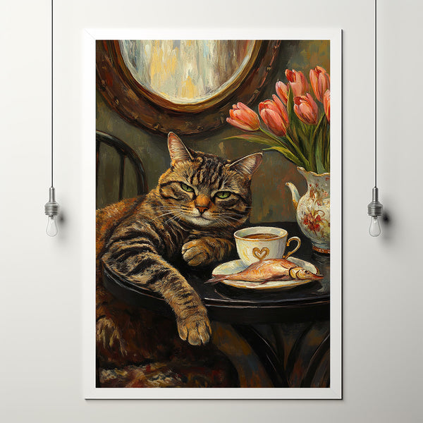Cat with Coffee - Modern Retro Frameless Canvas Wall Art for Home, Office, Bedroom