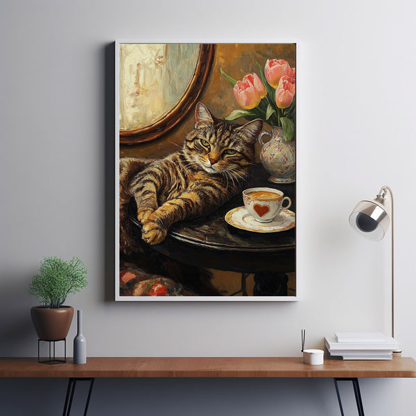 Cat with Coffee - Modern Retro Frameless Canvas Wall Art for Home, Office, Bedroom 1