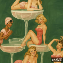 Champagne Tower Girls Poster – Vintage-Inspired Pin-Up Print, Glamorous Party Wall Art, Playful Feminine Group Illustration 4302932257