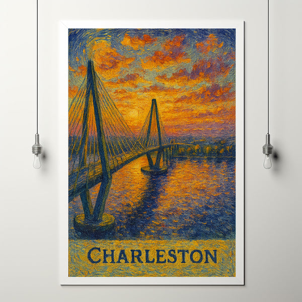 Charleston USA Anime Style Canvas Art, Bridge and Sunset Poster, Coastal City Print, Wall Art Decor, Anime Scenery