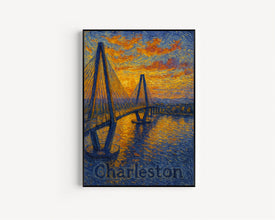 Charleston USA, Van Gogh Style Bridge, Digital Download Cityscape Art Print, Wall Decor, Sunrise Scenery, Digital Art, Illustration