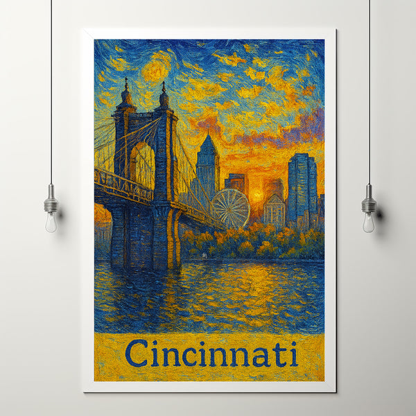 Cincinnati USA Anime Style, Ohio Riverfront Art, Cityscape Canvas, Poster, Bridge, Ferris Wheel, Sunset, Home Decor, Wall Art
