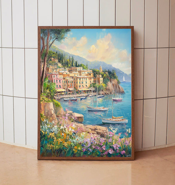 Colorful Portofino with Sailboats Surround – Mediterranean Coastal Poster