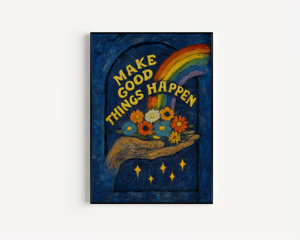 Colourful Make Good Things Happen Print - Retro Art, Groovy Floral, 1970s 1960s, Bright Bold, Hippie Flowers, Positive Affirmation, Rainbow