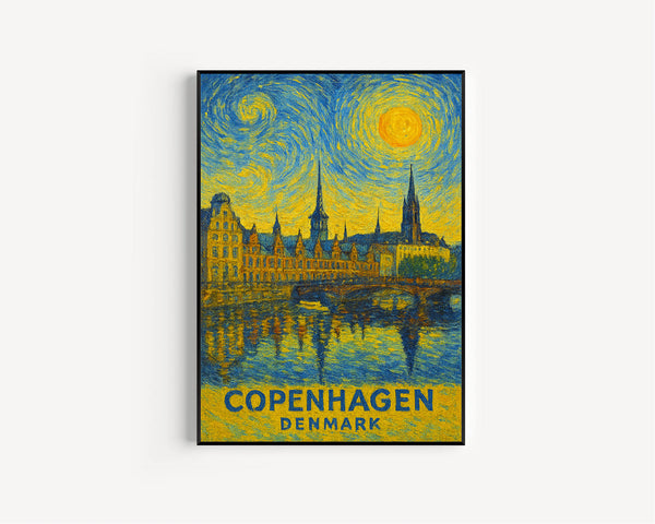 Copenhagen Poster Print, Copenhagen Travel Poster, Copenhagen Van Gogh Style Wall Art, Copenhagen, Denmark