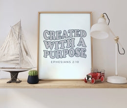 Created with a purpose Print, Retro Christian Wall Art, Christian Poster, Bible Verse, Digital Download, Scripture Printable Art 1536554333