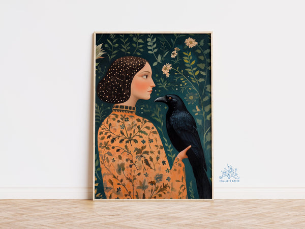 Crow Art Print, Crows and Floral Art, Female Portrait Vintage Style, Crow and Flower Poster, Moody Cottagecore Wall Decor, Gothic Art 1836074034