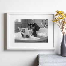 Dachshund in Bathtub Print, Dog Reading Newspaper Poster, Funny Black and White Wall Art,  Photography Prints, Museum Quality Photo Print 1775295350