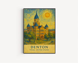 Denton Poster Print, Denton Travel Poster, Denton Van Gogh Style Wall Art, Denton, Texas, United States