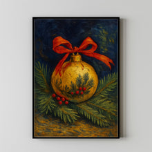 Elegant Christmas Ornament with Red Bow on Evergreens - Festive Holiday Still Life, Vintage Christmas