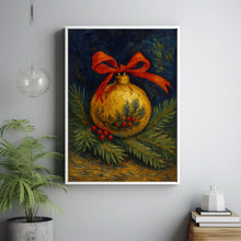 Elegant Christmas Ornament with Red Bow on Evergreens - Festive Holiday Still Life, Vintage Christmas