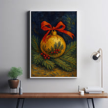 Elegant Christmas Ornament with Red Bow on Evergreens - Festive Holiday Still Life, Vintage Christmas