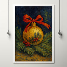 Elegant Christmas Ornament with Red Bow on Evergreens - Festive Holiday Still Life, Vintage Christmas