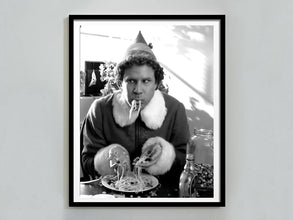 Elf Buddy Eating Spaghetti Poster, Black and White, Funny Christmas Movie, Trendy Kitchen Wall Art, Breakfast Spaghetti Elf Funny Christmas 1822683967