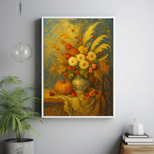 Fall Harvest Wall Art Still Life Vintage Oil Painting Autumn Harvest Artwork Pumpkin Print, Floral Rustic