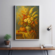 Fall Harvest Wall Art Still Life Vintage Oil Painting Autumn Harvest Artwork Pumpkin Print, Floral Rustic