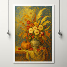Fall Harvest Wall Art Still Life Vintage Oil Painting Autumn Harvest Artwork Pumpkin Print, Floral Rustic