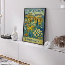 Flower Market Poster, Copenhagen Travel Art, Copenhagen City Art, Botanical Wall Art, Blue and White Flower Art, Flower Garden, Nature Art