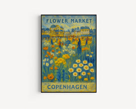 Flower Market Poster, Copenhagen Travel Art, Copenhagen City Art, Botanical Wall Art, Blue and White Flower Art, Flower Garden, Nature Art