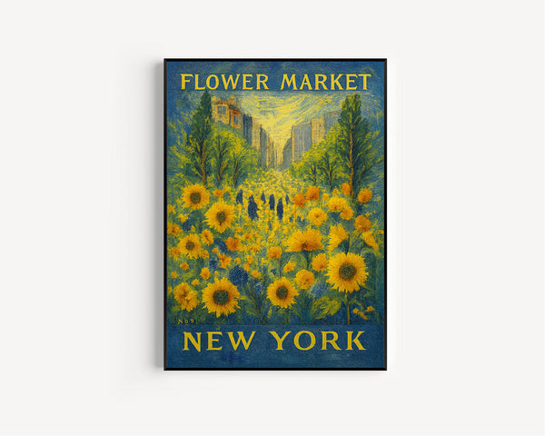 Flower Market Print, New York City, New York Travel Poster, Floral Illustration, Flower Wall Art, Yellow Sunflower, Botanical Wall Art