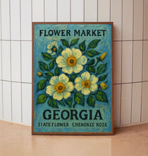 Georgia State Flower Art Print, Cherokee Rose 1960s Wall Art, Neutral Botanical Pastel Artwork, Georgia Flower Market Decor, C31-60