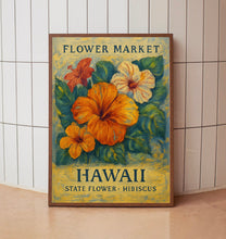 Hawaii State Flower Art Print, Hawaiian Hibiscus 1960s Wall Art, Neutral Botanical Pastel Artwork, Hawaii Flower Market Decor, C31-47