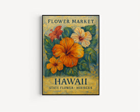 Hawaii State Flower Art Print, Hawaiian Hibiscus 1960s Wall Art, Neutral Botanical Pastel Artwork, Hawaii Flower Market Decor, C31-47