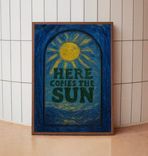 Here Comes The Sun Print - Retro Style Typography, 60s, 70s, Bright Colours, Vintage Effect, Summer Holiday Travel, Funky Wall Art, Sunburst