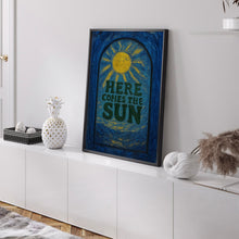 Here Comes The Sun Print - Retro Style Typography, 60s, 70s, Bright Colours, Vintage Effect, Summer Holiday Travel, Funky Wall Art, Sunburst