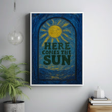 Here Comes The Sun Print - Retro Style Typography, 60s, 70s, Bright Colours, Vintage Effect, Summer Holiday Travel, Funky Wall Art, Sunburst