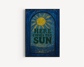 Here Comes The Sun Print - Retro Style Typography, 60s, 70s, Bright Colours, Vintage Effect, Summer Holiday Travel, Funky Wall Art, Sunburst