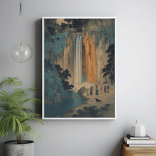 Hokusai Ukiyo-e Blue Orange Japanese Waterfall Wall Art Landscape Poster Print Blue Japanese Home Decor