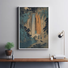 Hokusai Ukiyo-e Blue Orange Japanese Waterfall Wall Art Landscape Poster Print Blue Japanese Home Decor