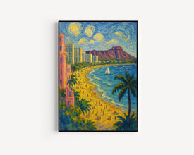 Honolulu Hawaii Travel Print, Waikiki Beach Poster, Ocean Wall Art, Tropical Paradise Decor, Surfing Gift, Vacation Memory Art