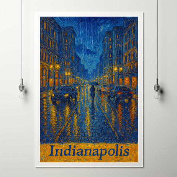 Indianapolis USA Anime Style Van Gogh style Rainy Cityscape Art, Urban Illustration, Street Scene, Modern Print, Wall Decor