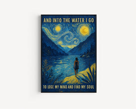 Into The Water I Go Print, Vintage Retro Style Relaxing Poster, Mountains Lake Art, Wild Swimming Travel Gift, Spiritual, Mind Soul Nature (2)