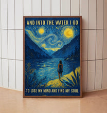 Into The Water I Go Print, Vintage Retro Style Relaxing Poster, Mountains Lake Art, Wild Swimming Travel Gift, Spiritual, Mind Soul Nature (2)
