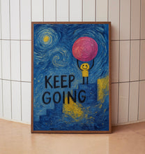Keep Going Fun Playful Colourful Print, Trendy Retro Aesthetic Bright Motivational Phrase, Doodle Illustration, Sunshine, Pink Yellow Art