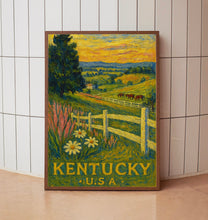 Kentucky Travel Poster, Bluegrass State Pink Green Retro Print Landscape Painting Horses Scenery Custom Travel Print Kentucky Derby Wall Art